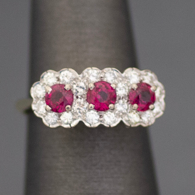 Vintage Ruby and Diamond Three Stone Halo Ring in 14k White & Yellow Gold