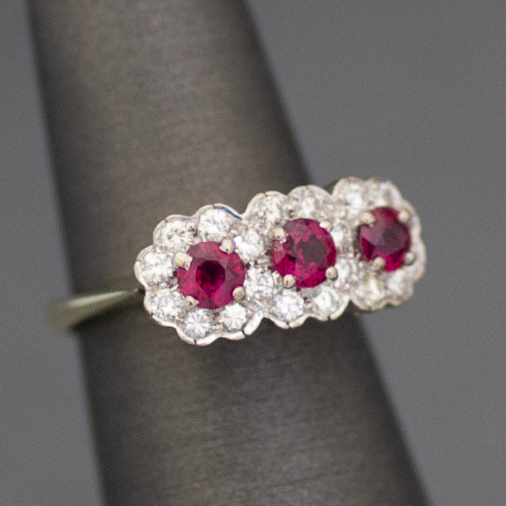 Vintage Ruby and Diamond Three Stone Halo Ring in 14k White & Yellow Gold