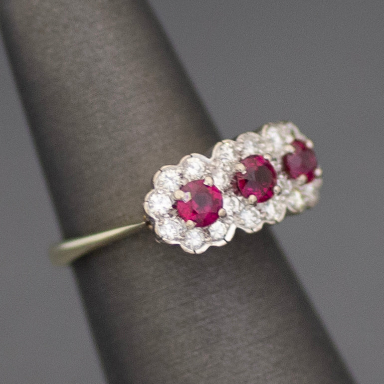 Vintage Ruby and Diamond Three Stone Halo Ring in 14k White & Yellow Gold