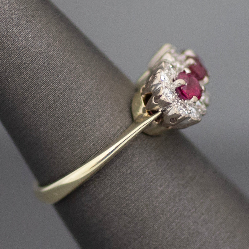 Vintage Ruby and Diamond Three Stone Halo Ring in 14k White & Yellow Gold