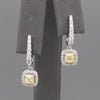 Natural Yellow Diamond Cushion Cut Dangle Halo Earrings in 18k White Gold