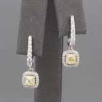 Natural Yellow Diamond Cushion Cut Dangle Halo Earrings in 18k White Gold
