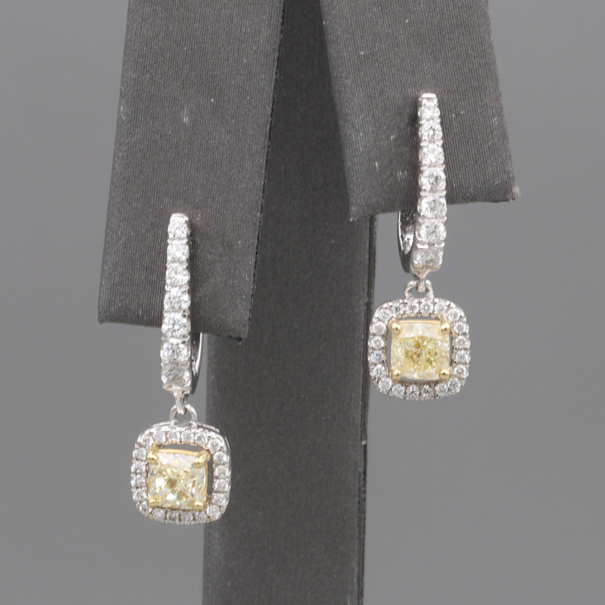 Natural Yellow Diamond Cushion Cut Dangle Halo Earrings in 18k White Gold