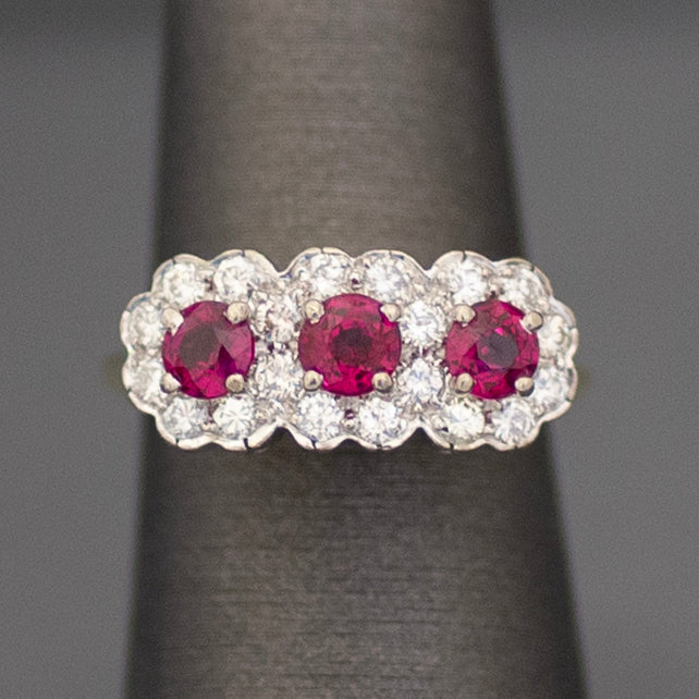 Vintage Ruby and Diamond Three Stone Halo Ring in 14k White & Yellow Gold
