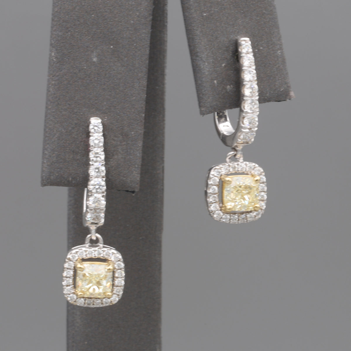 Natural Yellow Diamond Cushion Cut Dangle Halo Earrings in 18k White Gold