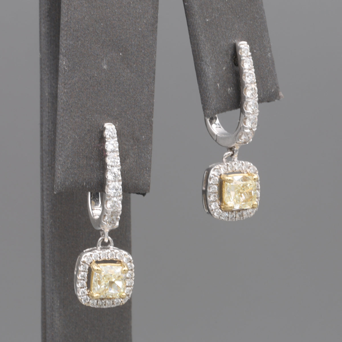 Natural Yellow Diamond Cushion Cut Dangle Halo Earrings in 18k White Gold