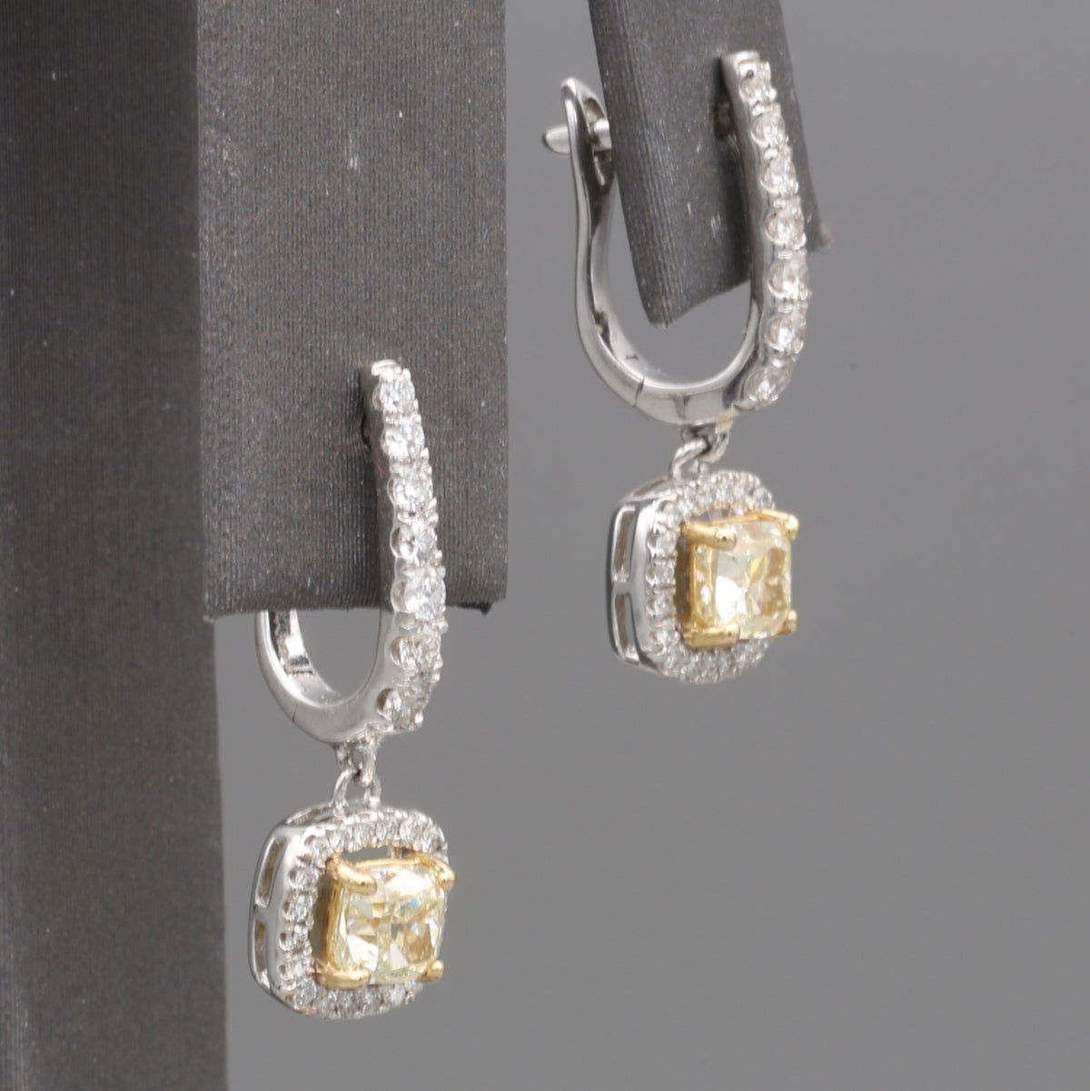 Natural Yellow Diamond Cushion Cut Dangle Halo Earrings in 18k White Gold