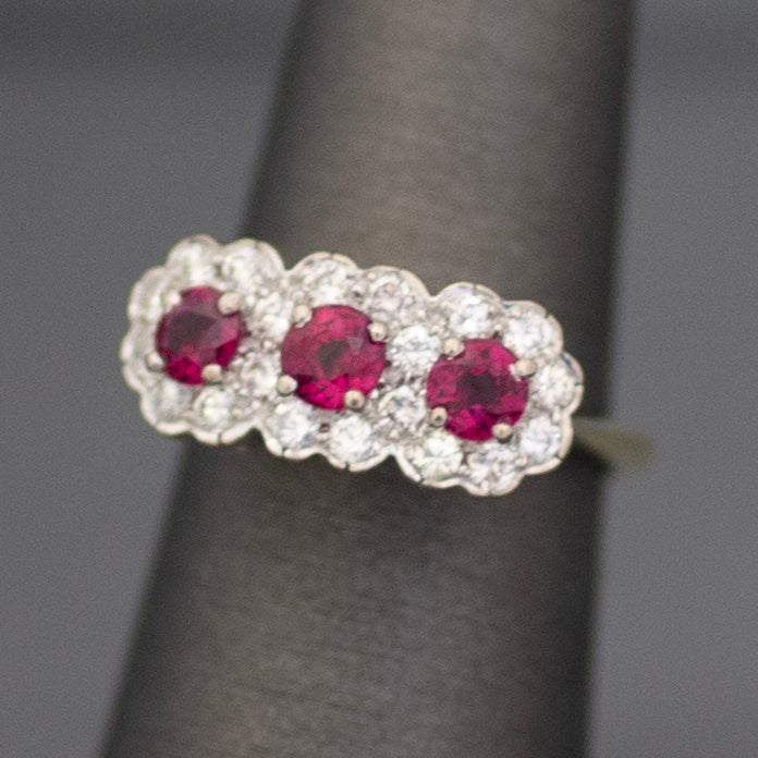 Vintage Ruby and Diamond Three Stone Halo Ring in 14k White & Yellow Gold