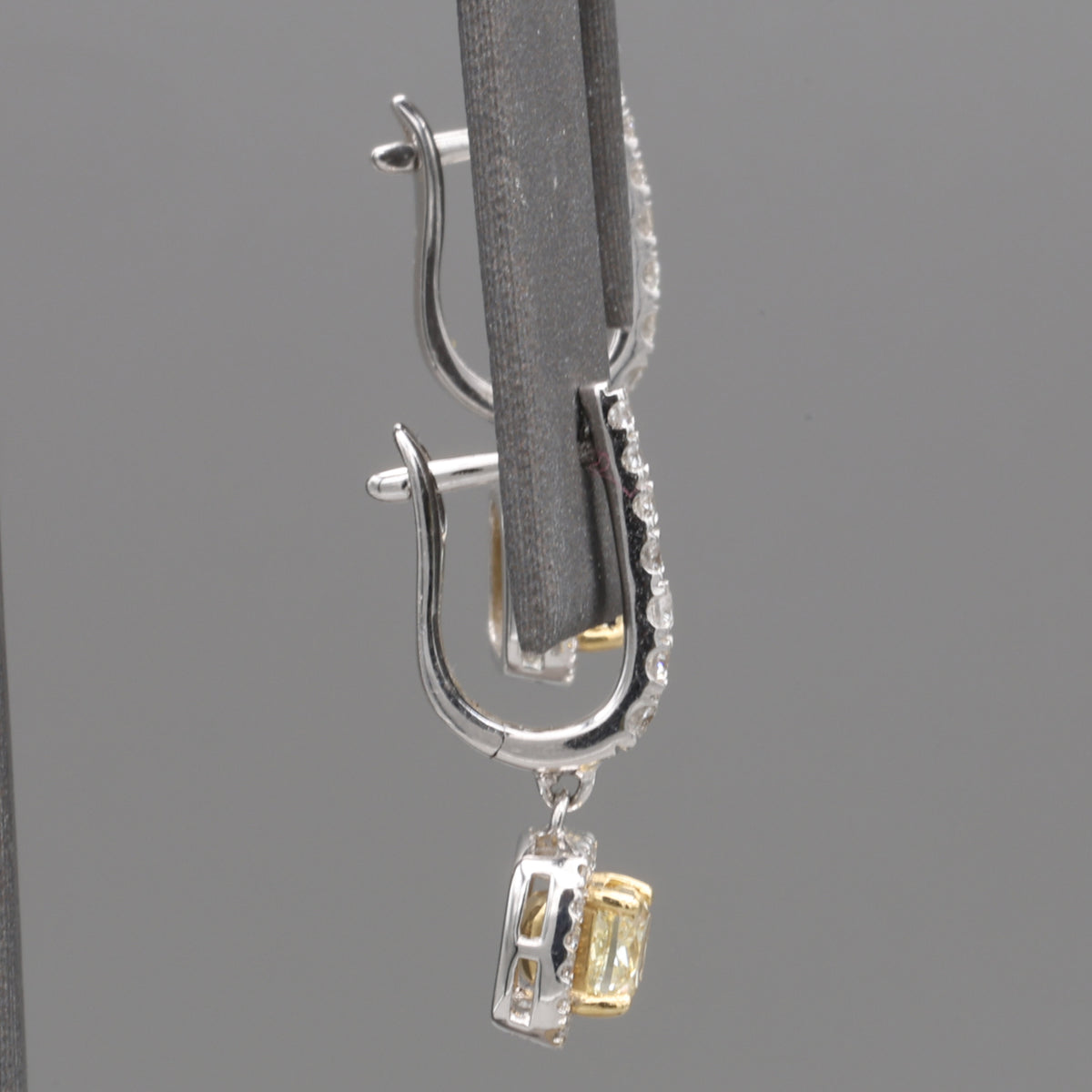 Natural Yellow Diamond Cushion Cut Dangle Halo Earrings in 18k White Gold