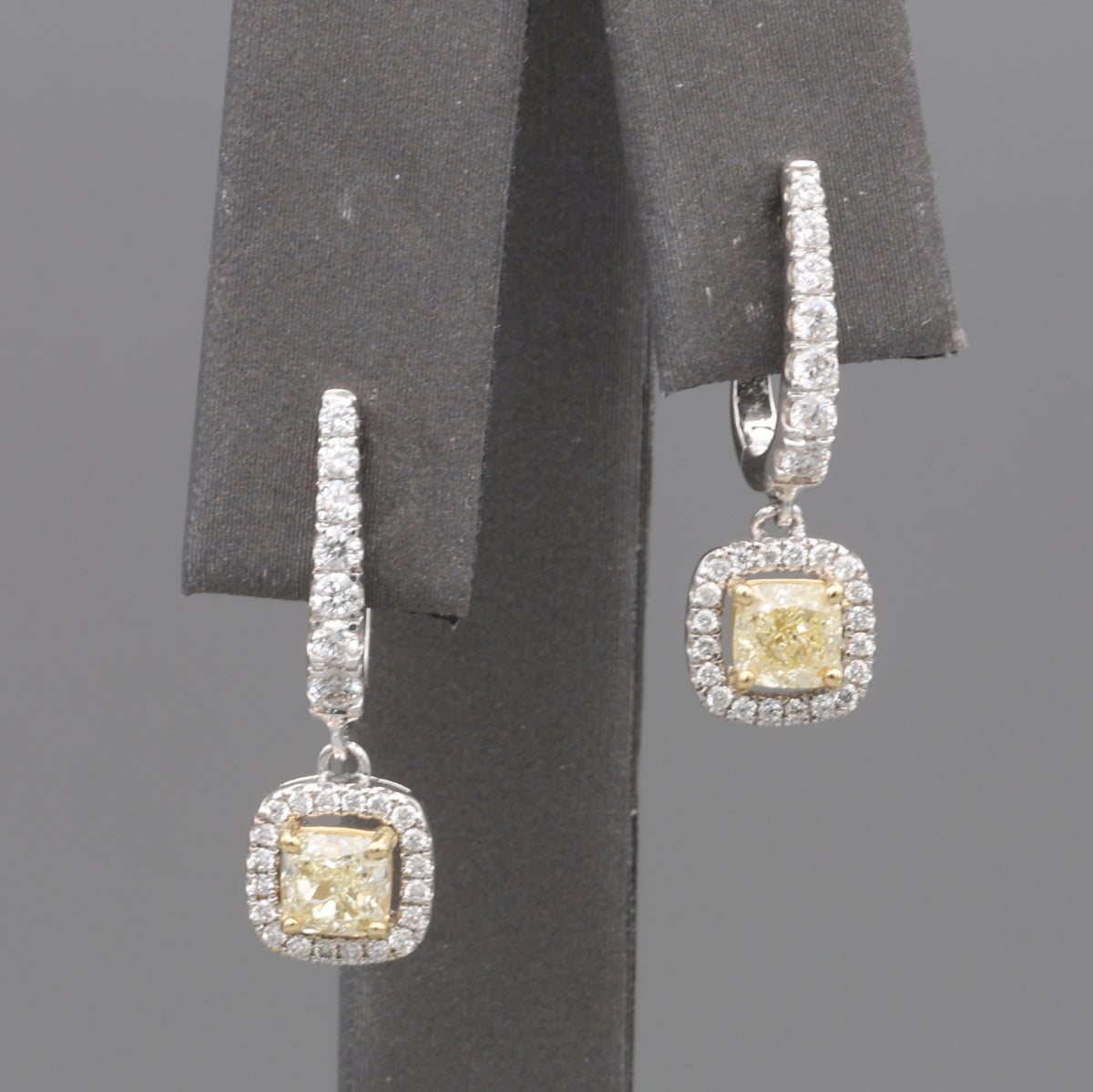 Natural Yellow Diamond Cushion Cut Dangle Halo Earrings in 18k White Gold