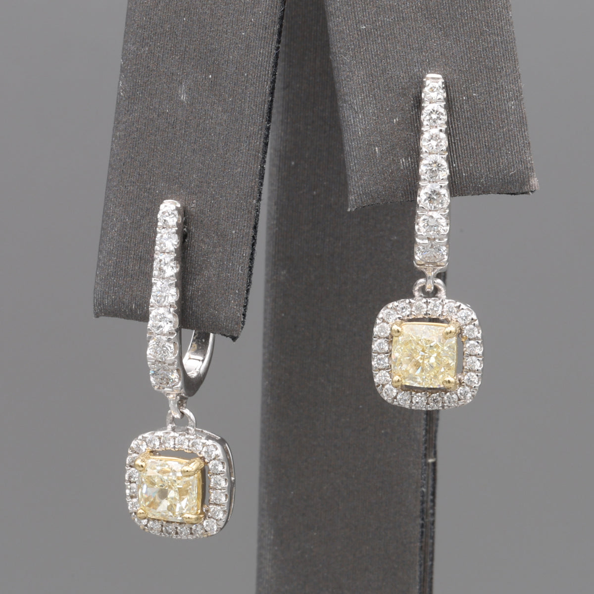 Natural Yellow Diamond Cushion Cut Dangle Halo Earrings in 18k White Gold