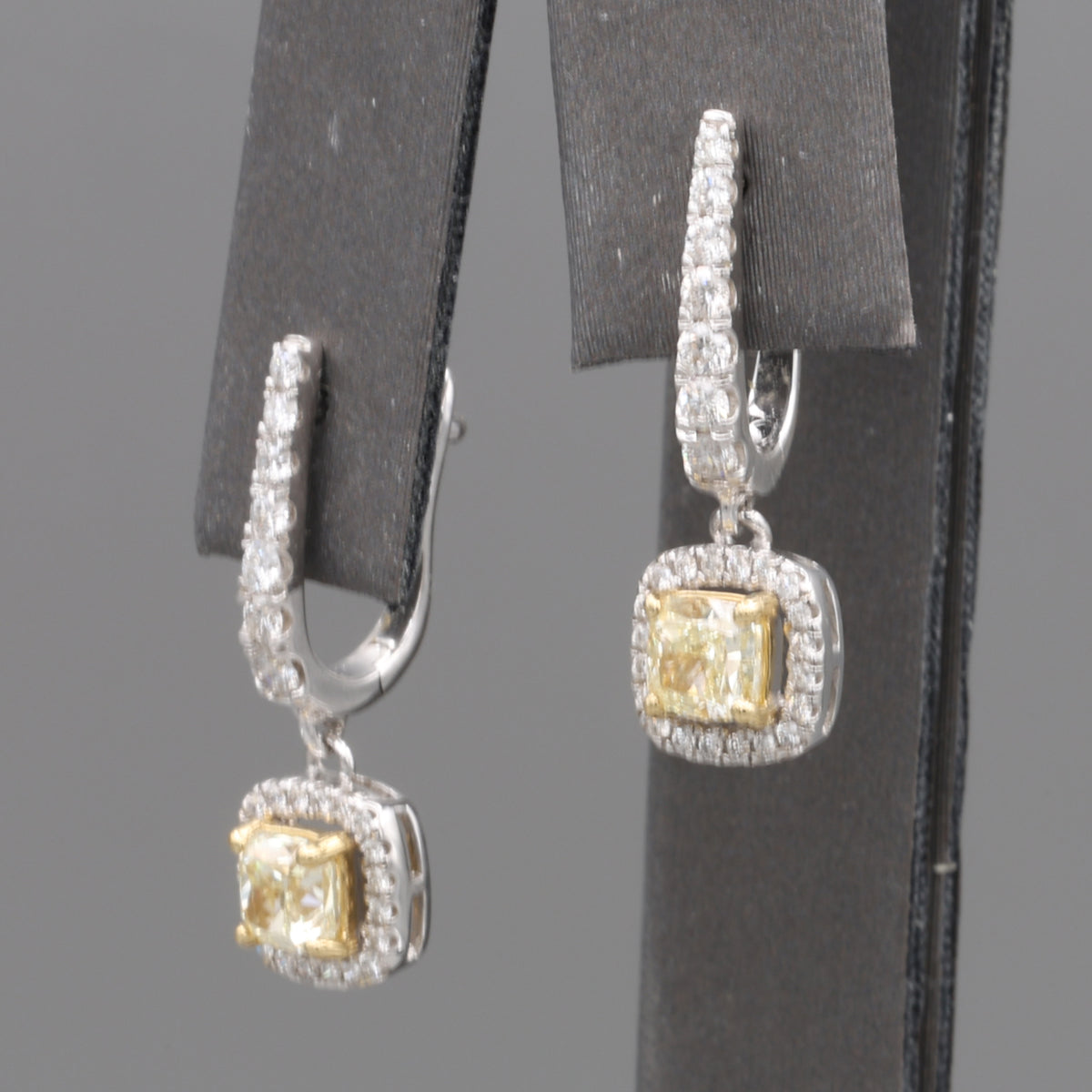 Natural Yellow Diamond Cushion Cut Dangle Halo Earrings in 18k White Gold
