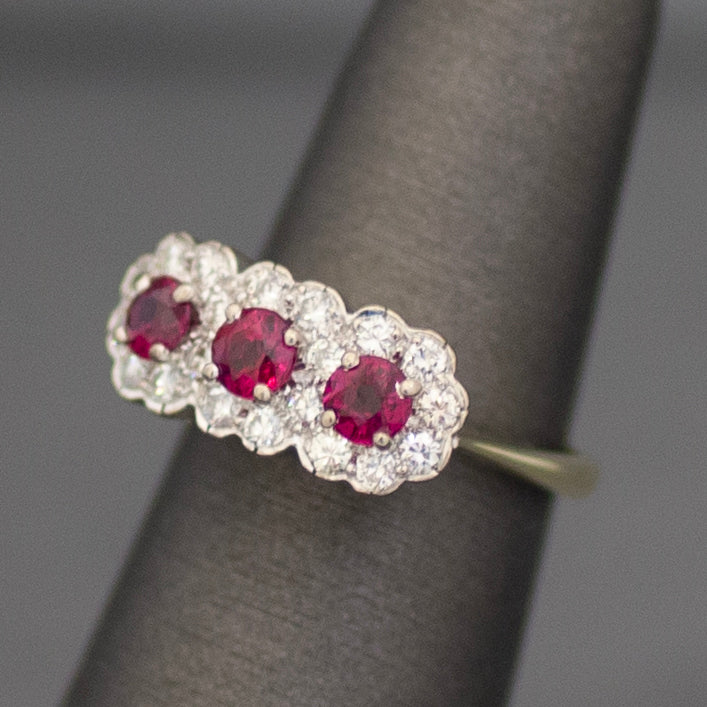 Vintage Ruby and Diamond Three Stone Halo Ring in 14k White & Yellow Gold