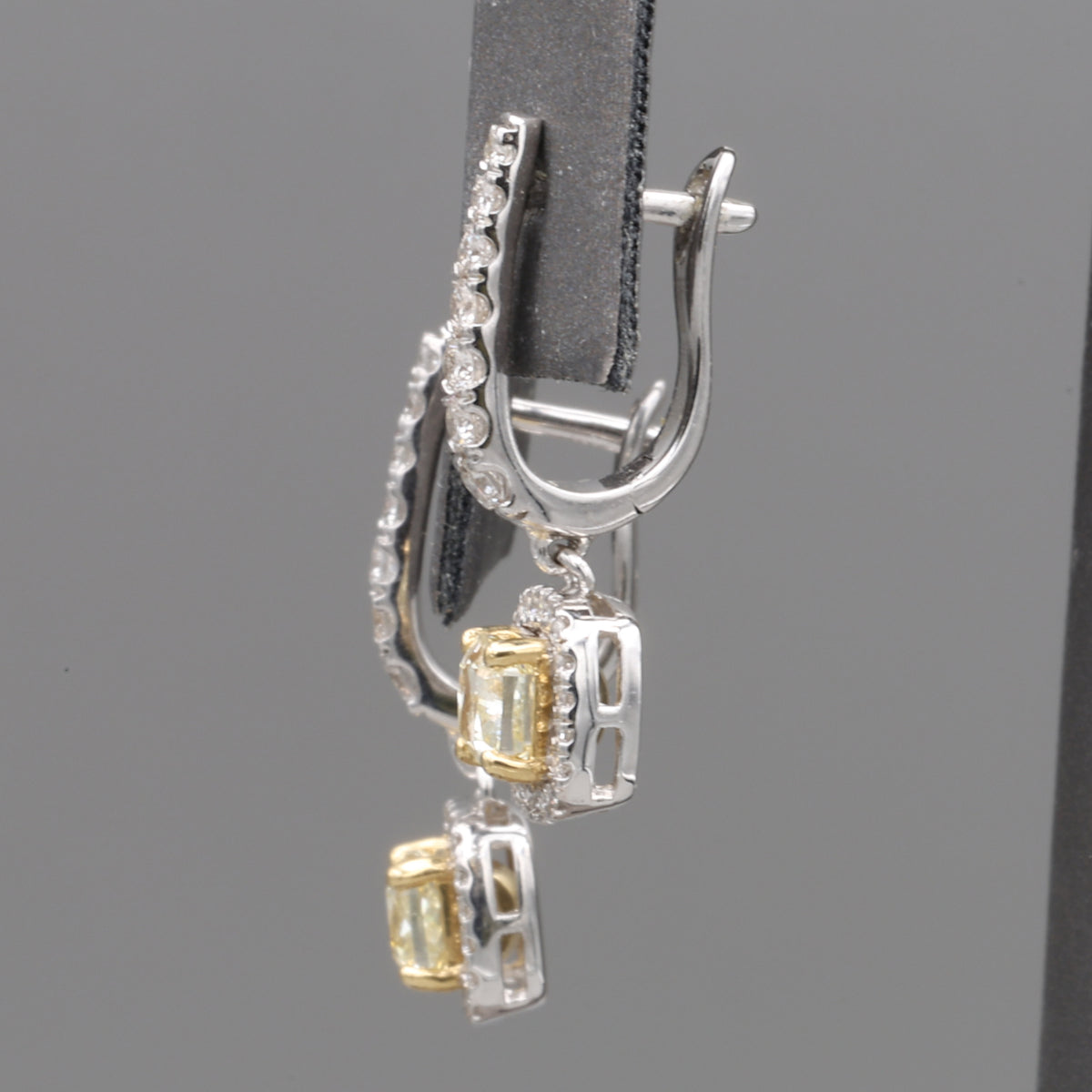 Natural Yellow Diamond Cushion Cut Dangle Halo Earrings in 18k White Gold