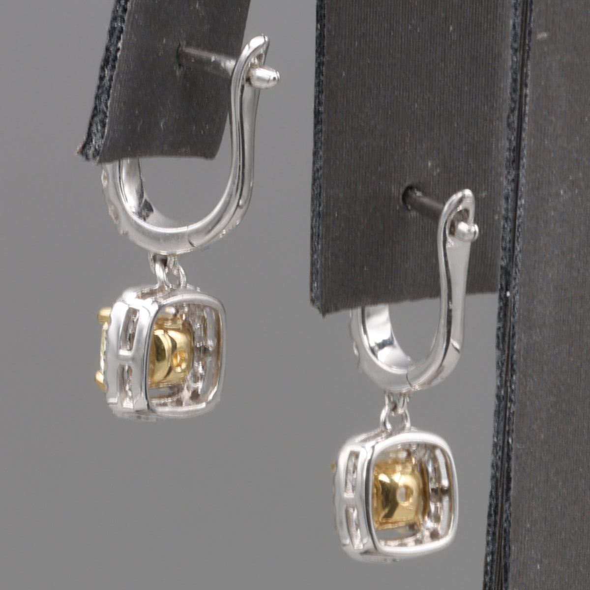 Natural Yellow Diamond Cushion Cut Dangle Halo Earrings in 18k White Gold