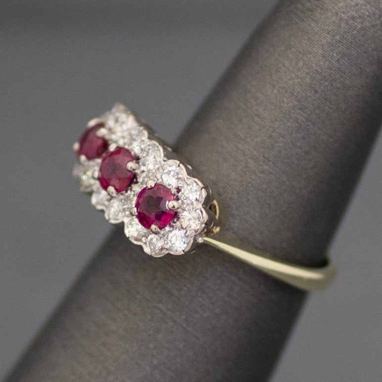 Vintage Ruby and Diamond Three Stone Halo Ring in 14k White & Yellow Gold