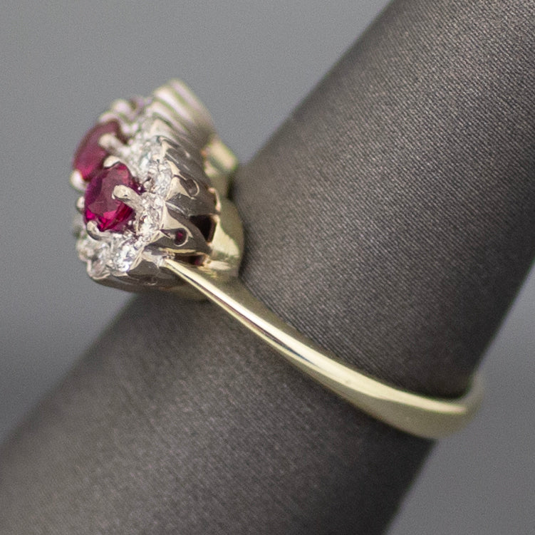 Vintage Ruby and Diamond Three Stone Halo Ring in 14k White & Yellow Gold