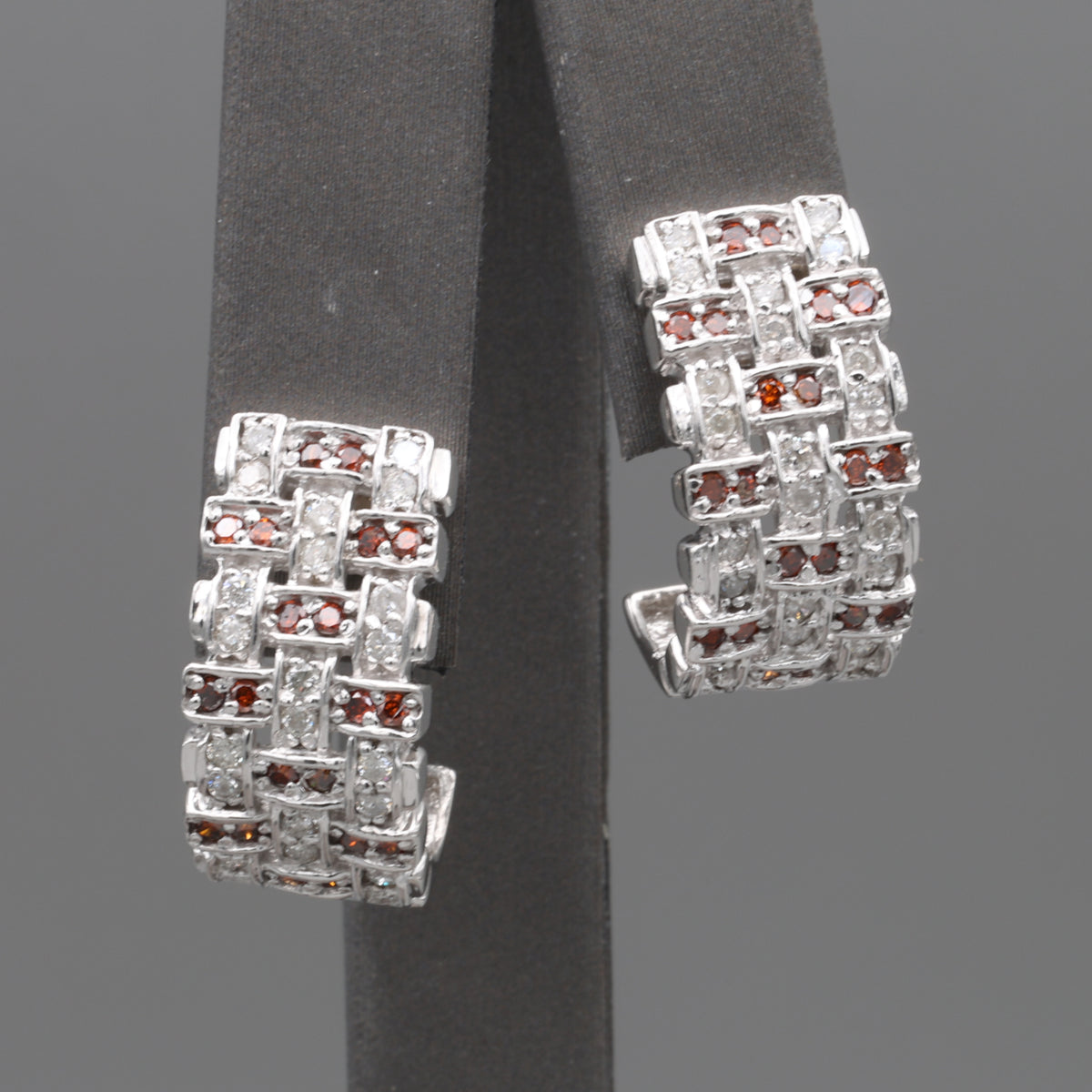 Vintage Red and White Diamond Half Hoop Earrings in 14k White Gold