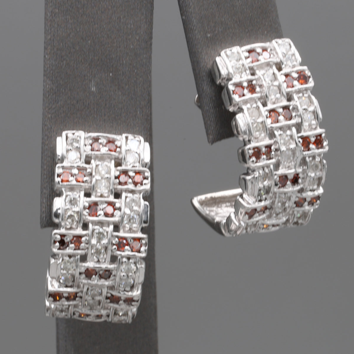 Vintage Red and White Diamond Half Hoop Earrings in 14k White Gold