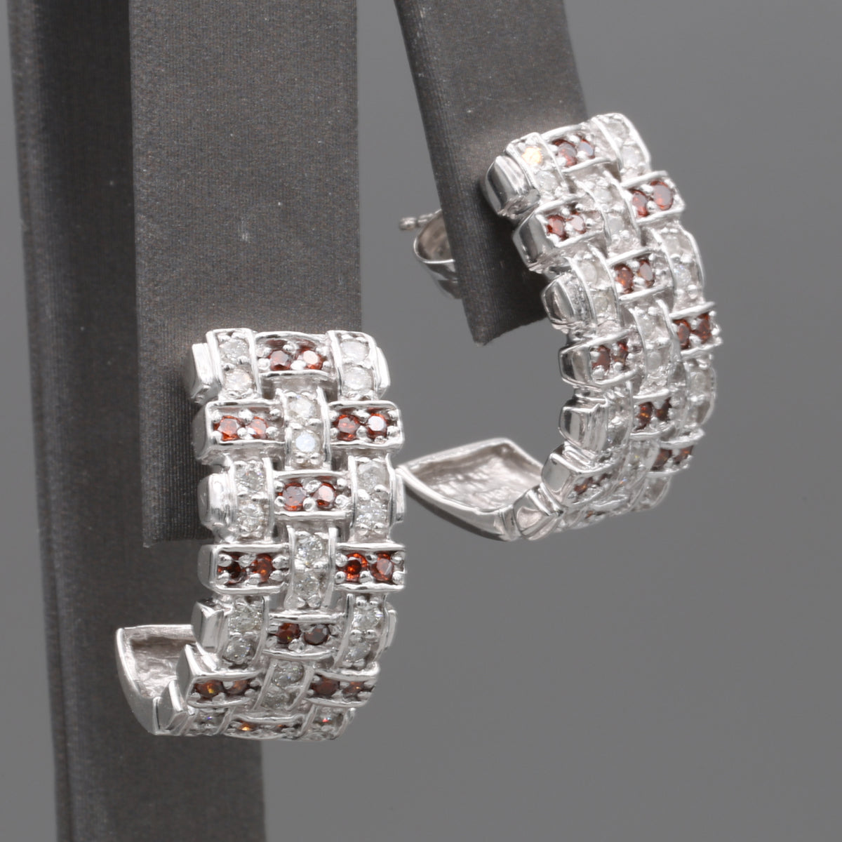 Vintage Red and White Diamond Half Hoop Earrings in 14k White Gold