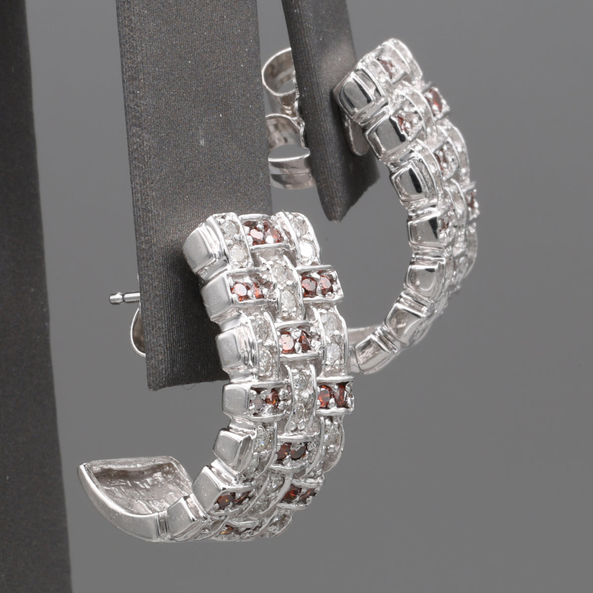Vintage Red and White Diamond Half Hoop Earrings in 14k White Gold