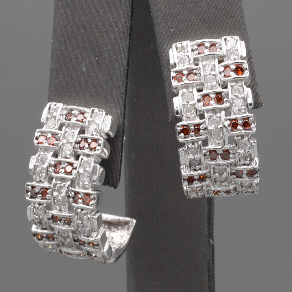 Vintage Red and White Diamond Half Hoop Earrings in 14k White Gold