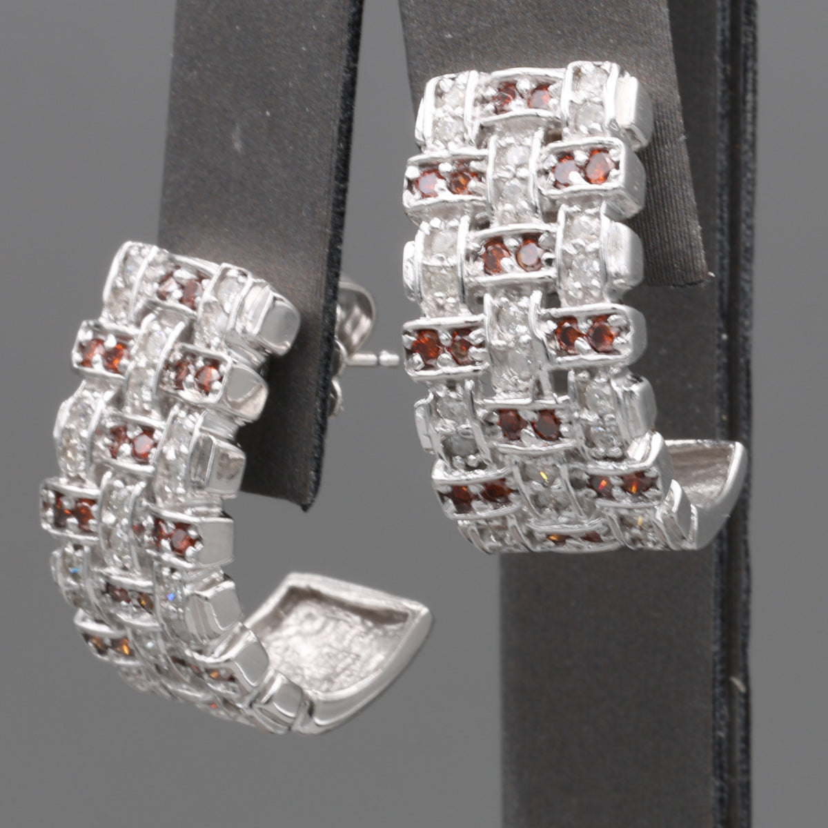 Vintage Red and White Diamond Half Hoop Earrings in 14k White Gold