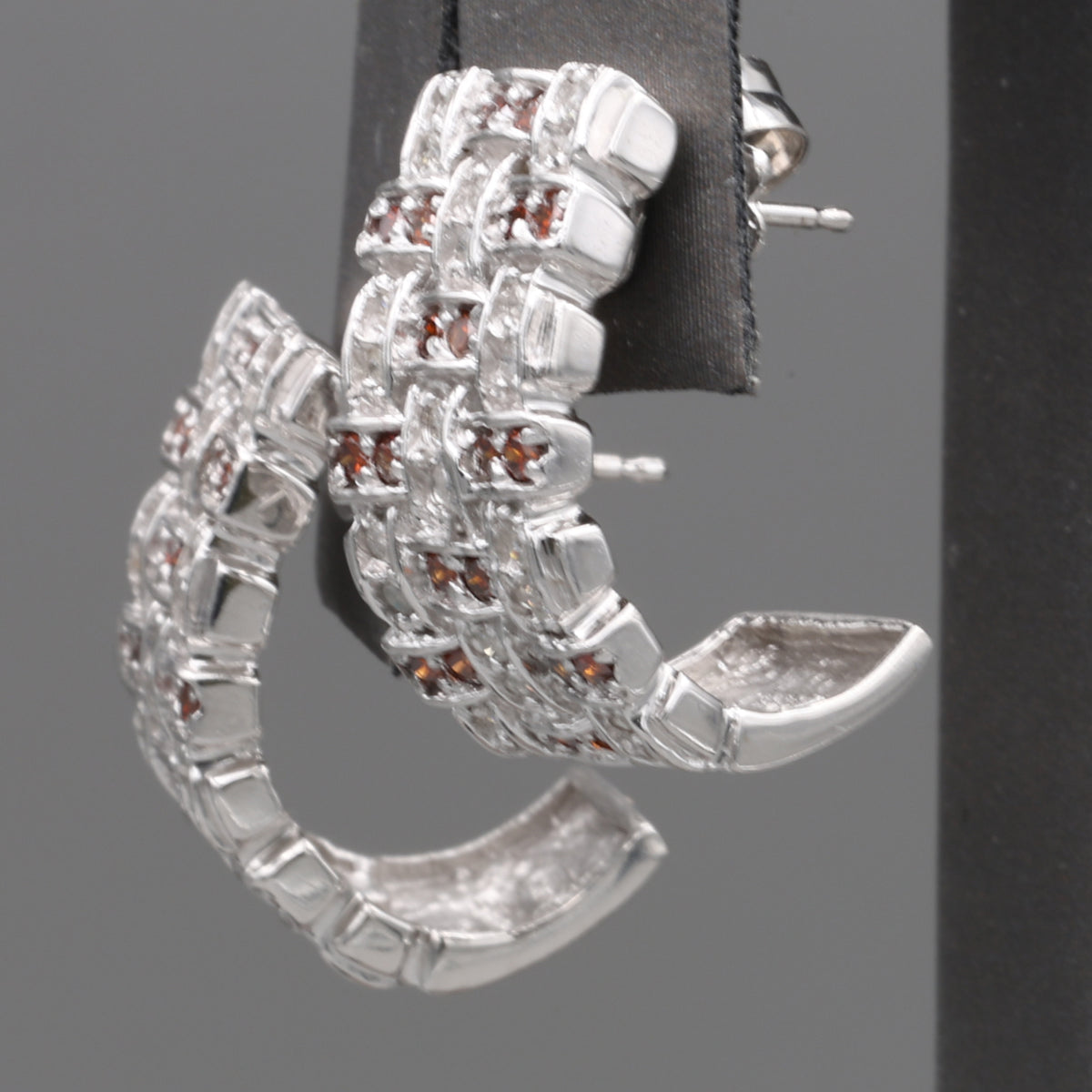 Vintage Red and White Diamond Half Hoop Earrings in 14k White Gold