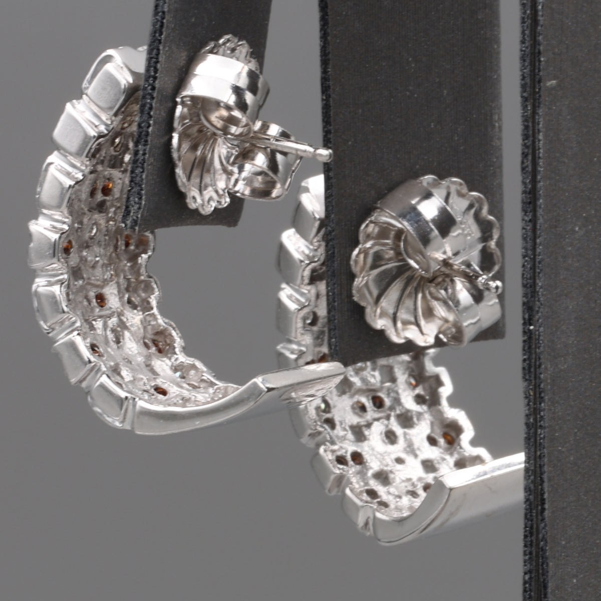 Vintage Red and White Diamond Half Hoop Earrings in 14k White Gold