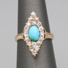 Victorian Turquoise and Old Mine Cut Diamond Navette Ring in 14k Yellow Gold