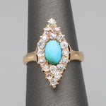 Victorian Turquoise and Old Mine Cut Diamond Navette Ring in 14k Yellow Gold