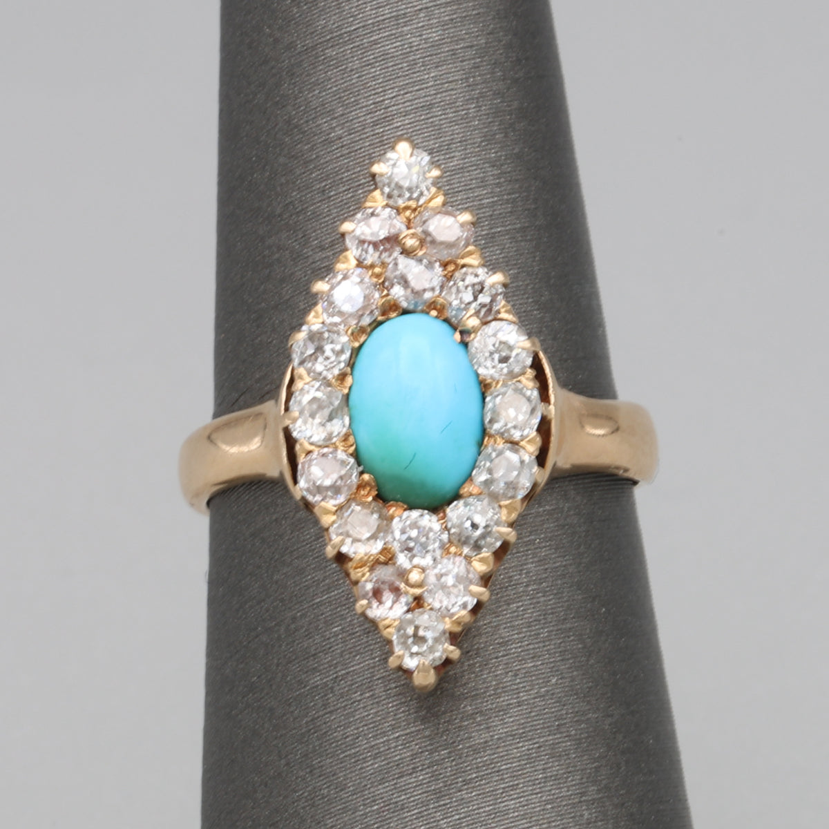 Victorian Turquoise and Old Mine Cut Diamond Navette Ring in 14k Yellow Gold