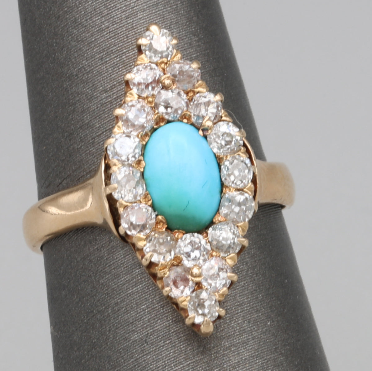 Victorian Turquoise and Old Mine Cut Diamond Navette Ring in 14k Yellow Gold