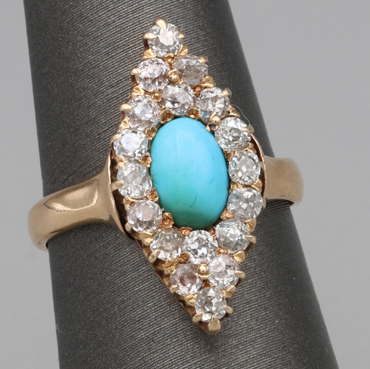 Victorian Turquoise and Old Mine Cut Diamond Navette Ring in 14k Yellow Gold