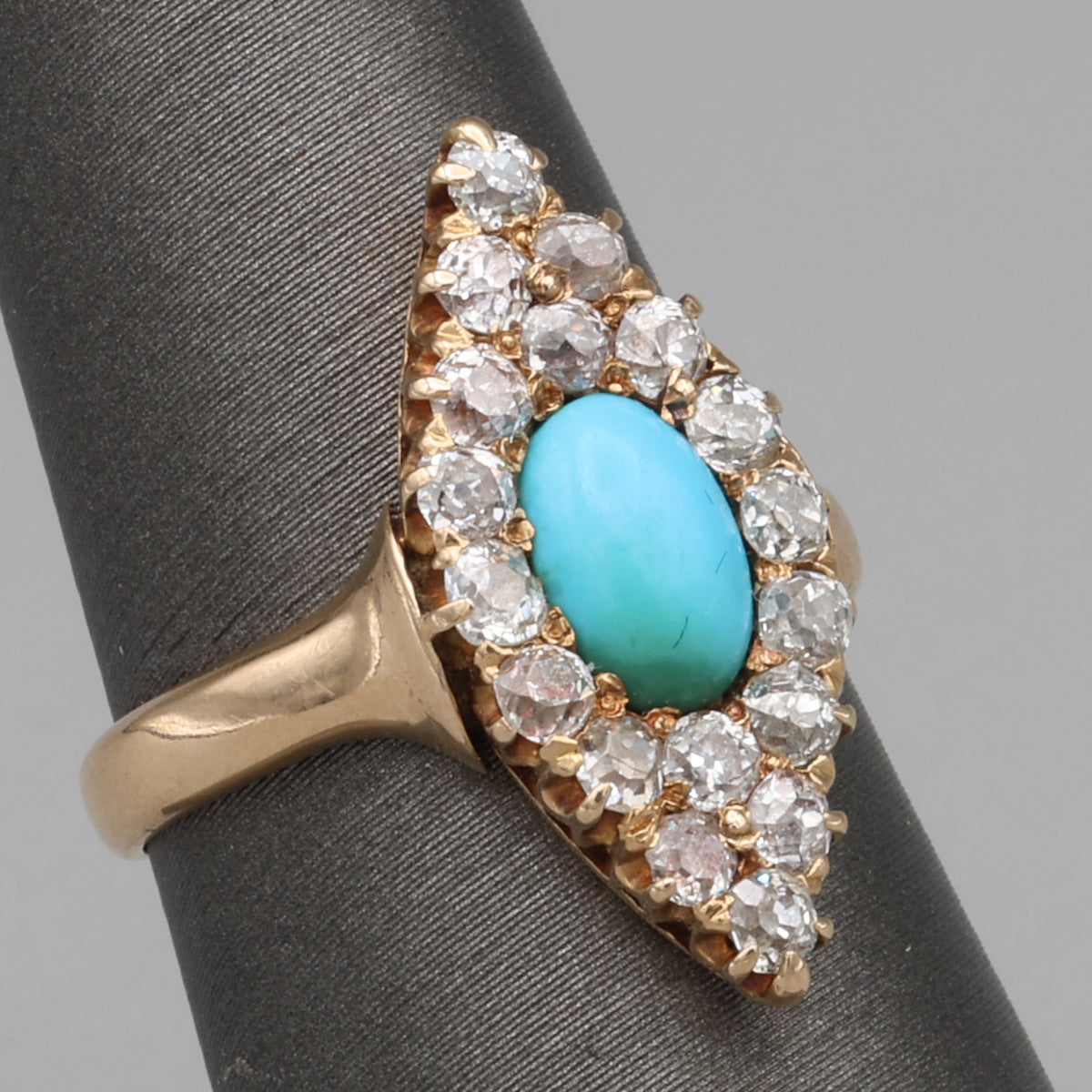 Victorian Turquoise and Old Mine Cut Diamond Navette Ring in 14k Yellow Gold