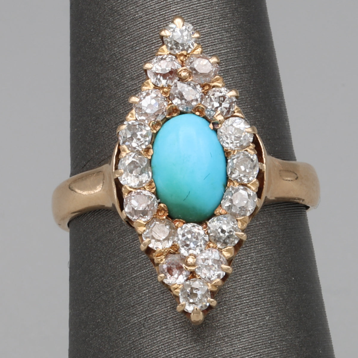 Victorian Turquoise and Old Mine Cut Diamond Navette Ring in 14k Yellow Gold