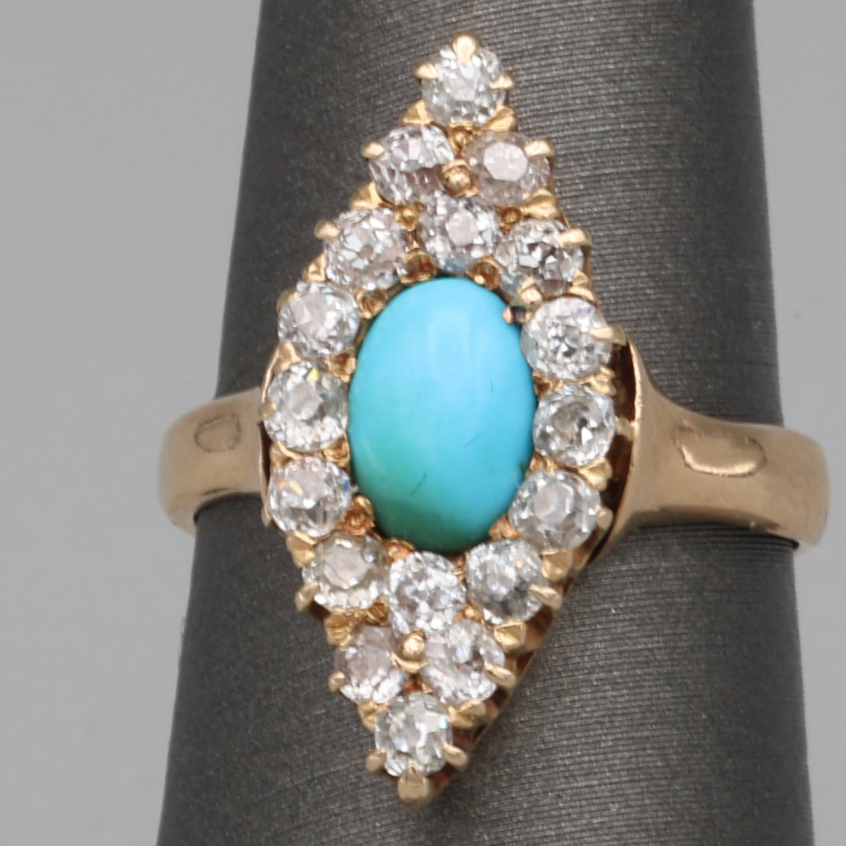 Victorian Turquoise and Old Mine Cut Diamond Navette Ring in 14k Yellow Gold