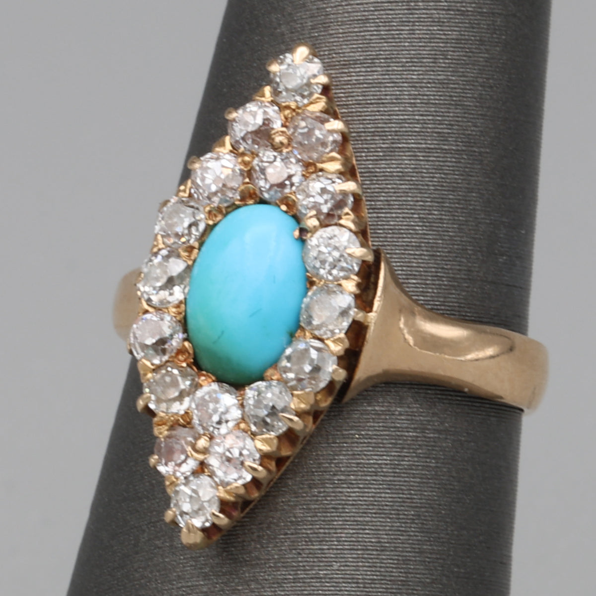 Victorian Turquoise and Old Mine Cut Diamond Navette Ring in 14k Yellow Gold