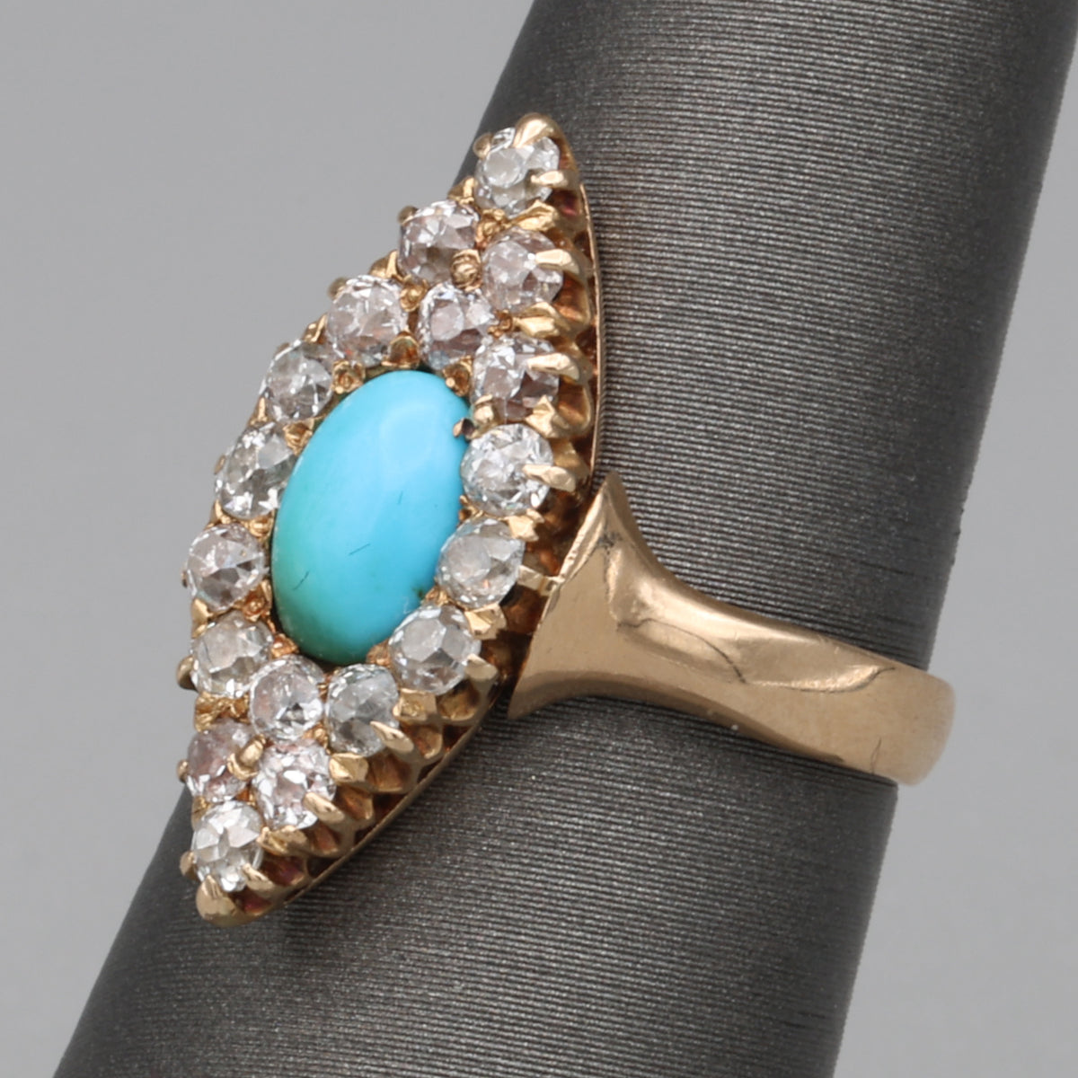 Victorian Turquoise and Old Mine Cut Diamond Navette Ring in 14k Yellow Gold