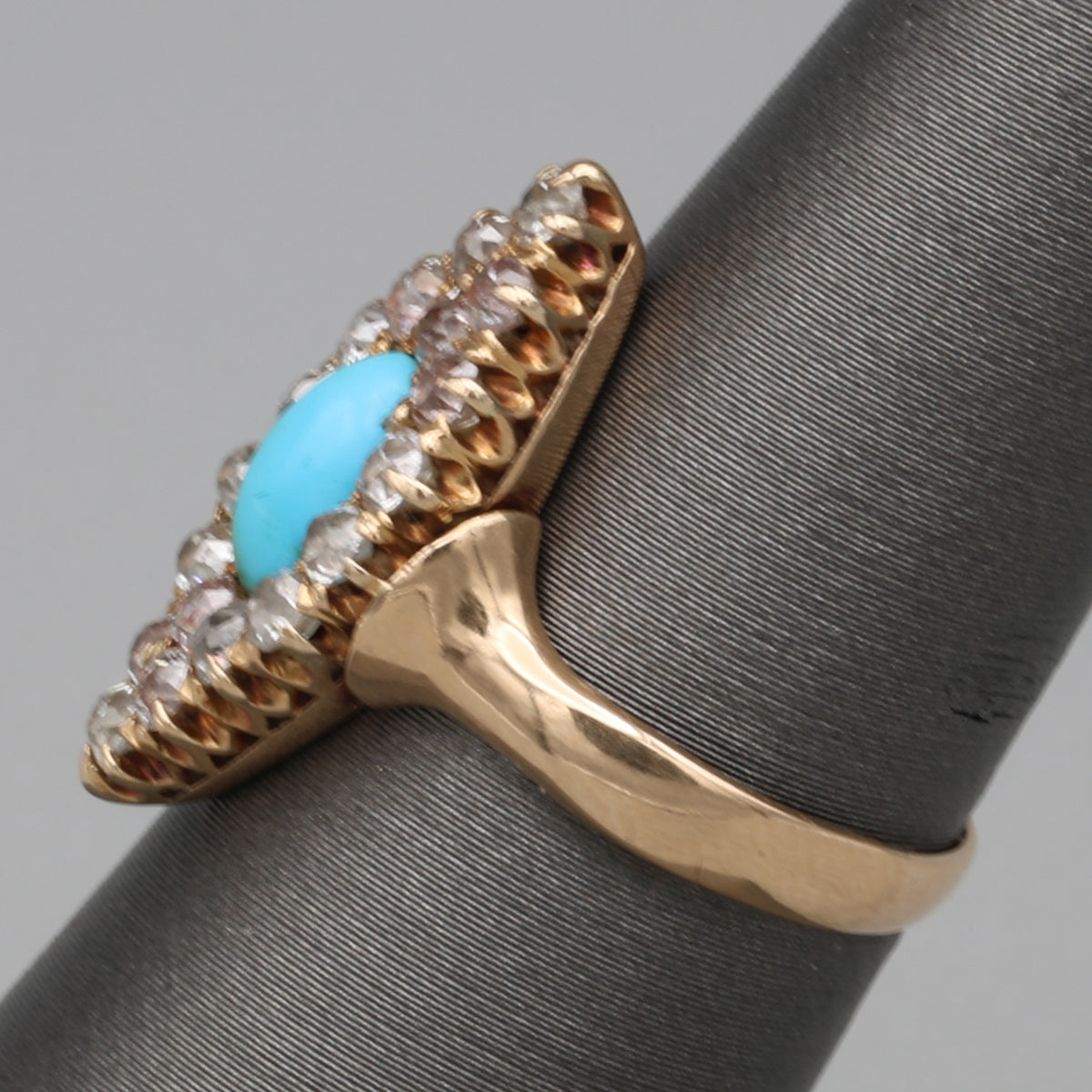 Victorian Turquoise and Old Mine Cut Diamond Navette Ring in 14k Yellow Gold
