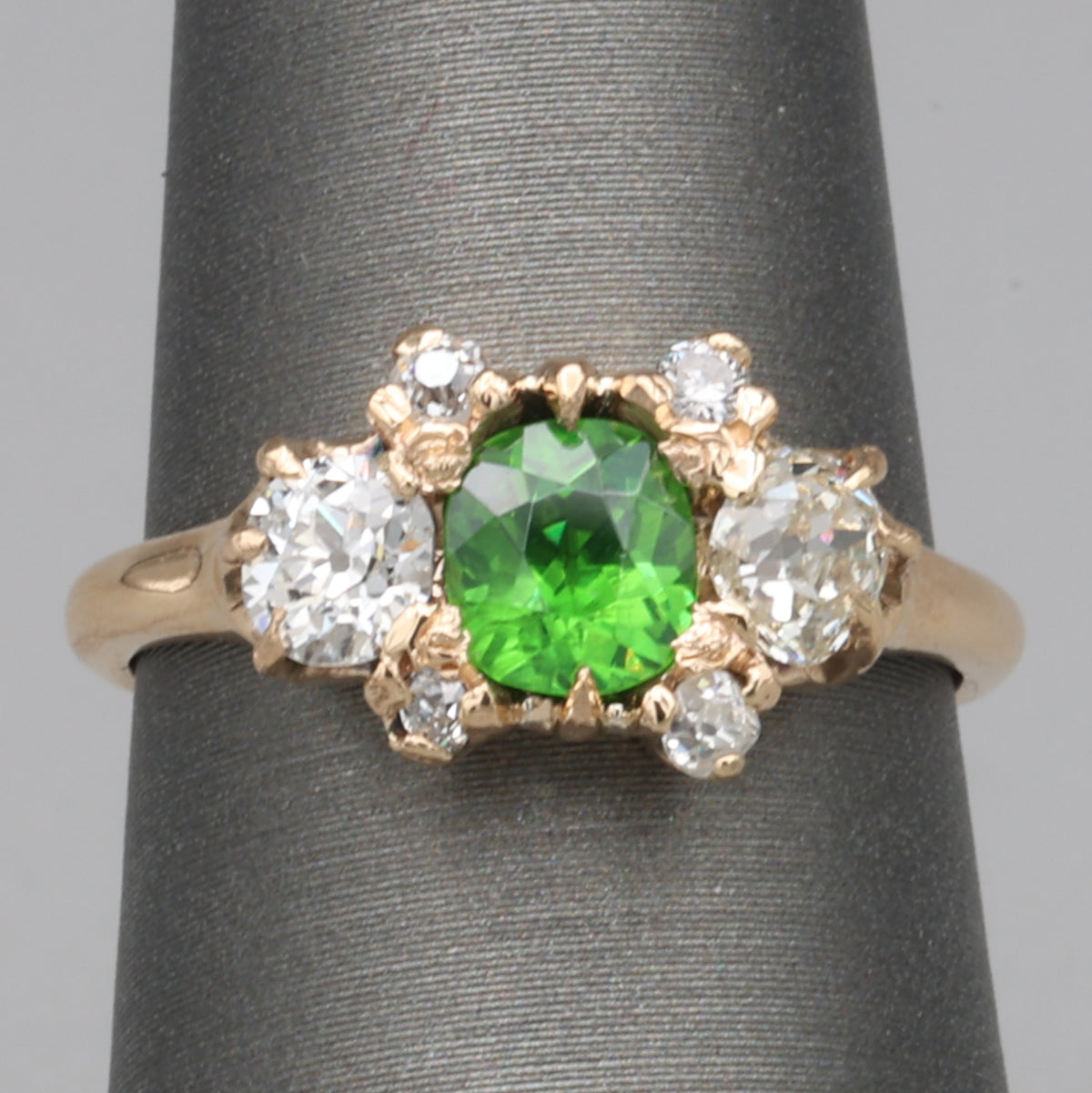 Victorian GIA Certified Russian Demantoid Garnet & Diamond Ring 14k Yellow Gold