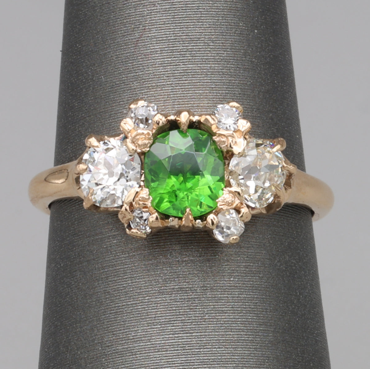Victorian GIA Certified Russian Demantoid Garnet & Diamond Ring 14k Yellow Gold
