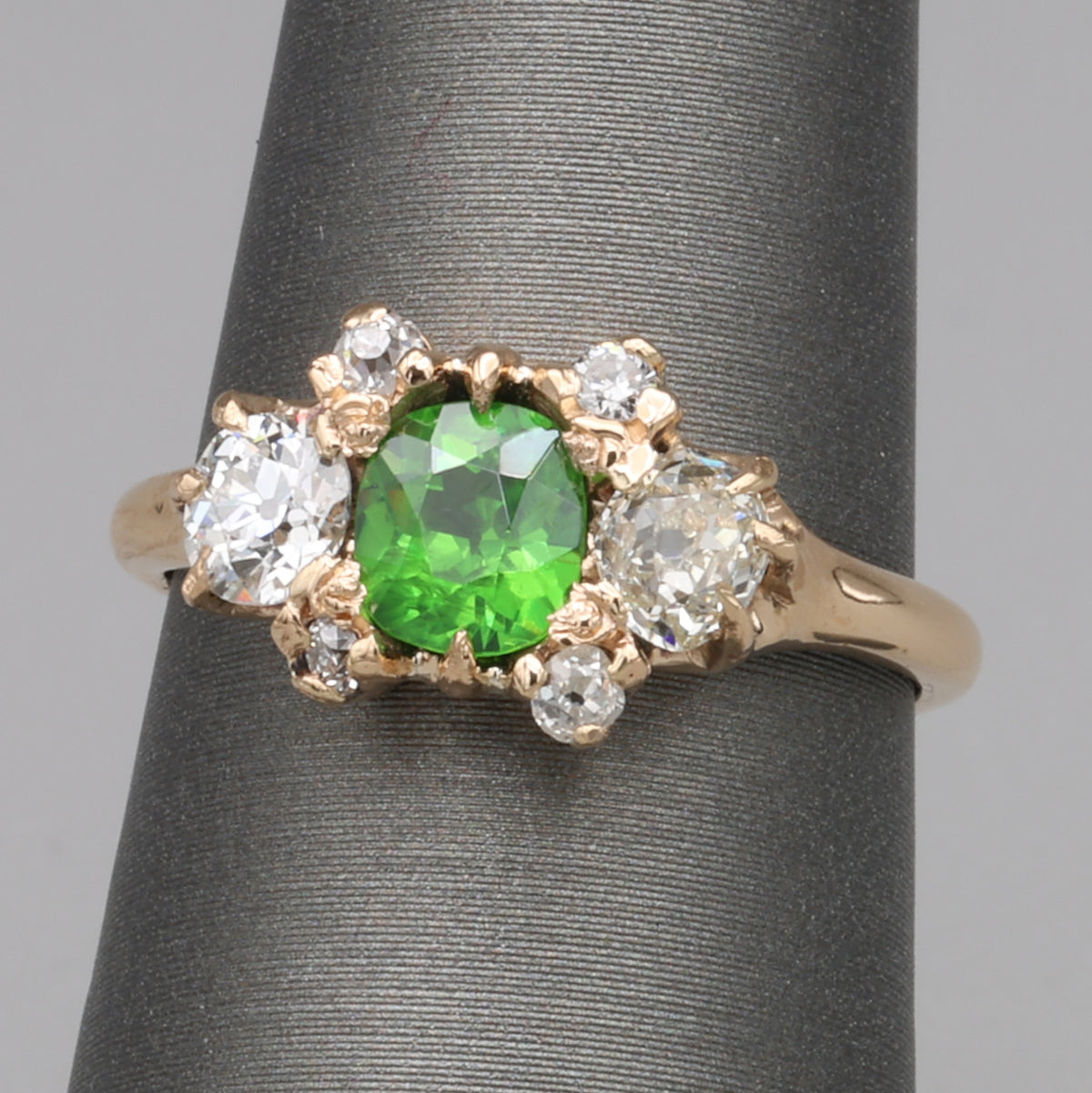 Victorian GIA Certified Russian Demantoid Garnet & Diamond Ring 14k Yellow Gold