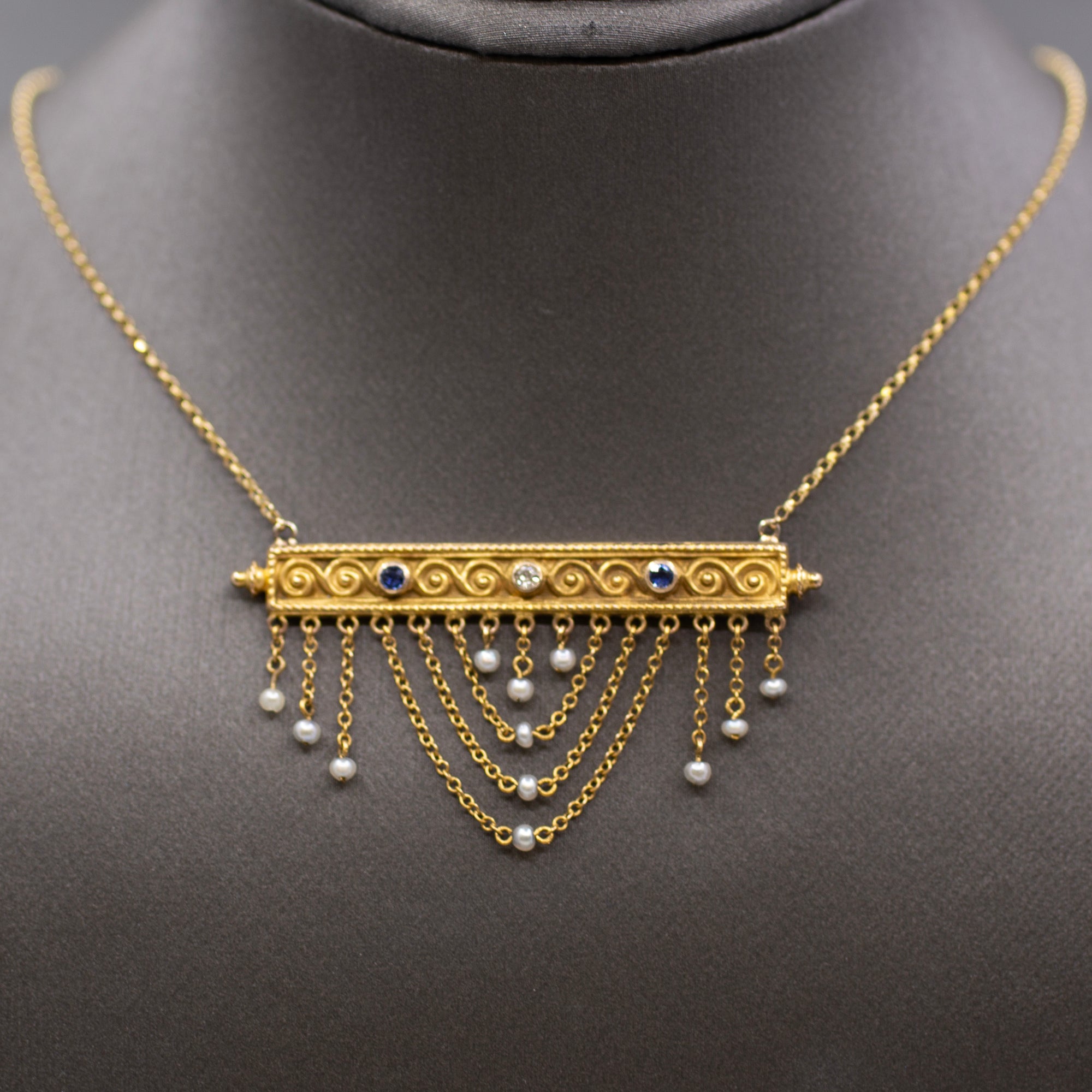  Victorian Sapphire Diamond Pearl Swag Pendant Necklace 10k Gold on 14k Yellow Gold Chain
