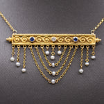  Victorian Sapphire Diamond Pearl Swag Pendant Necklace 10k Gold on 14k Yellow Gold Chain