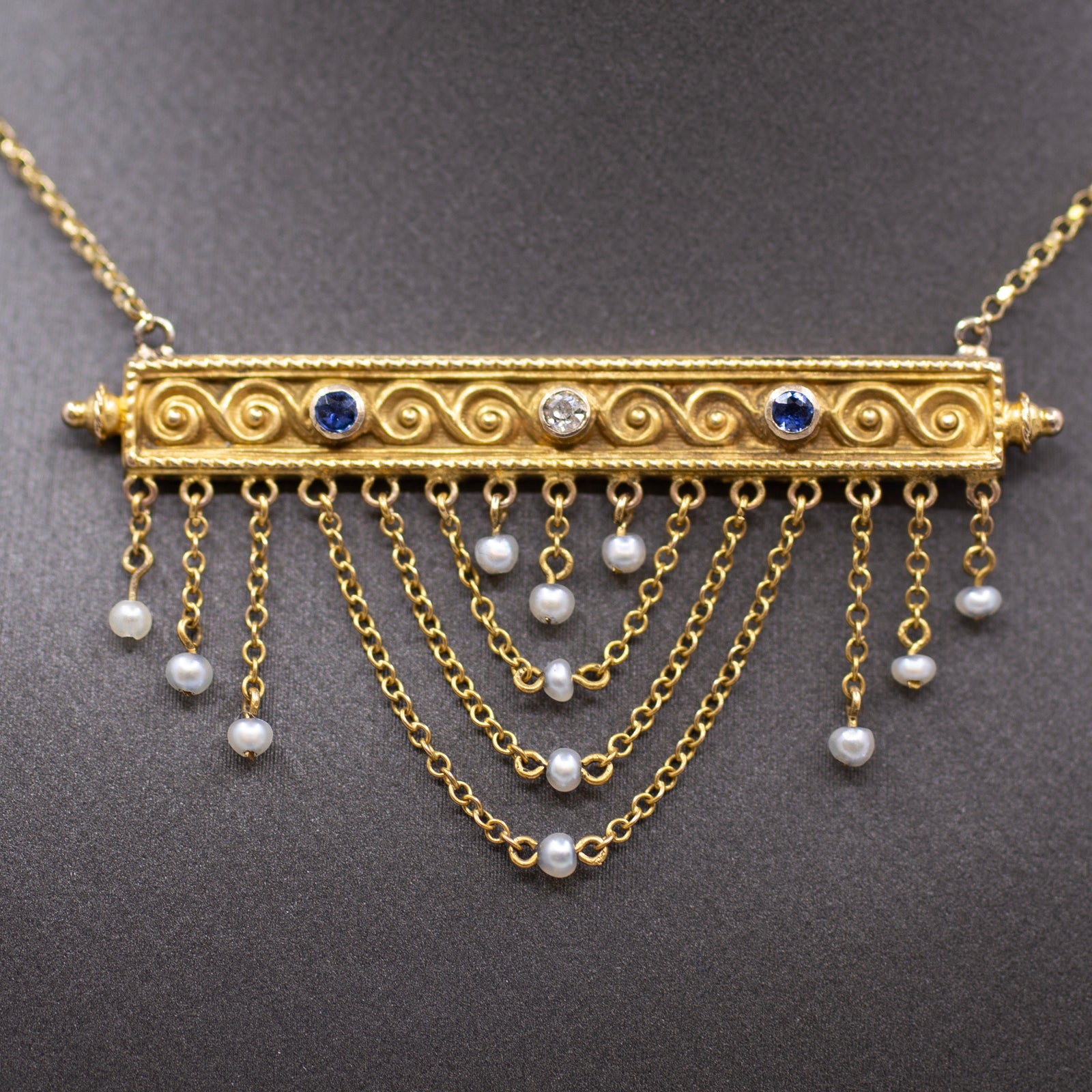  Victorian Sapphire Diamond Pearl Swag Pendant Necklace 10k Gold on 14k Yellow Gold Chain