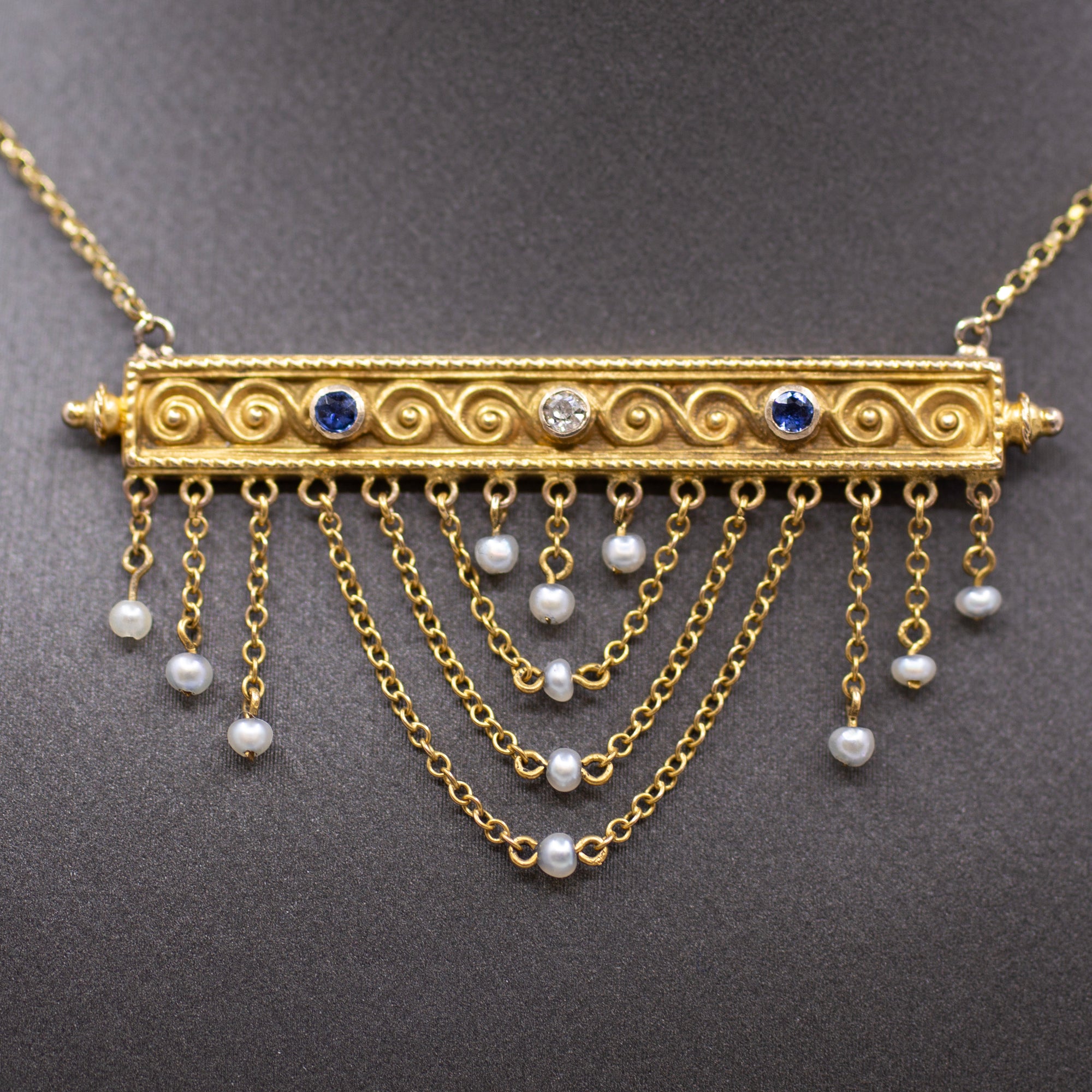  Victorian Sapphire Diamond Pearl Swag Pendant Necklace 10k Gold on 14k Yellow Gold Chain