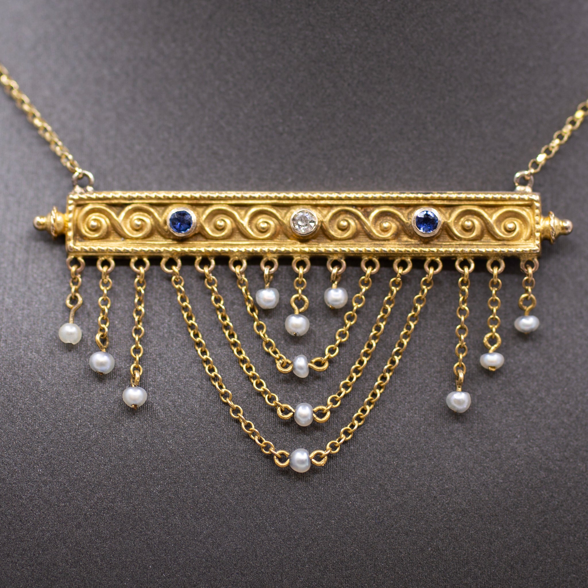  Victorian Sapphire Diamond Pearl Swag Pendant Necklace 10k Gold on 14k Yellow Gold Chain