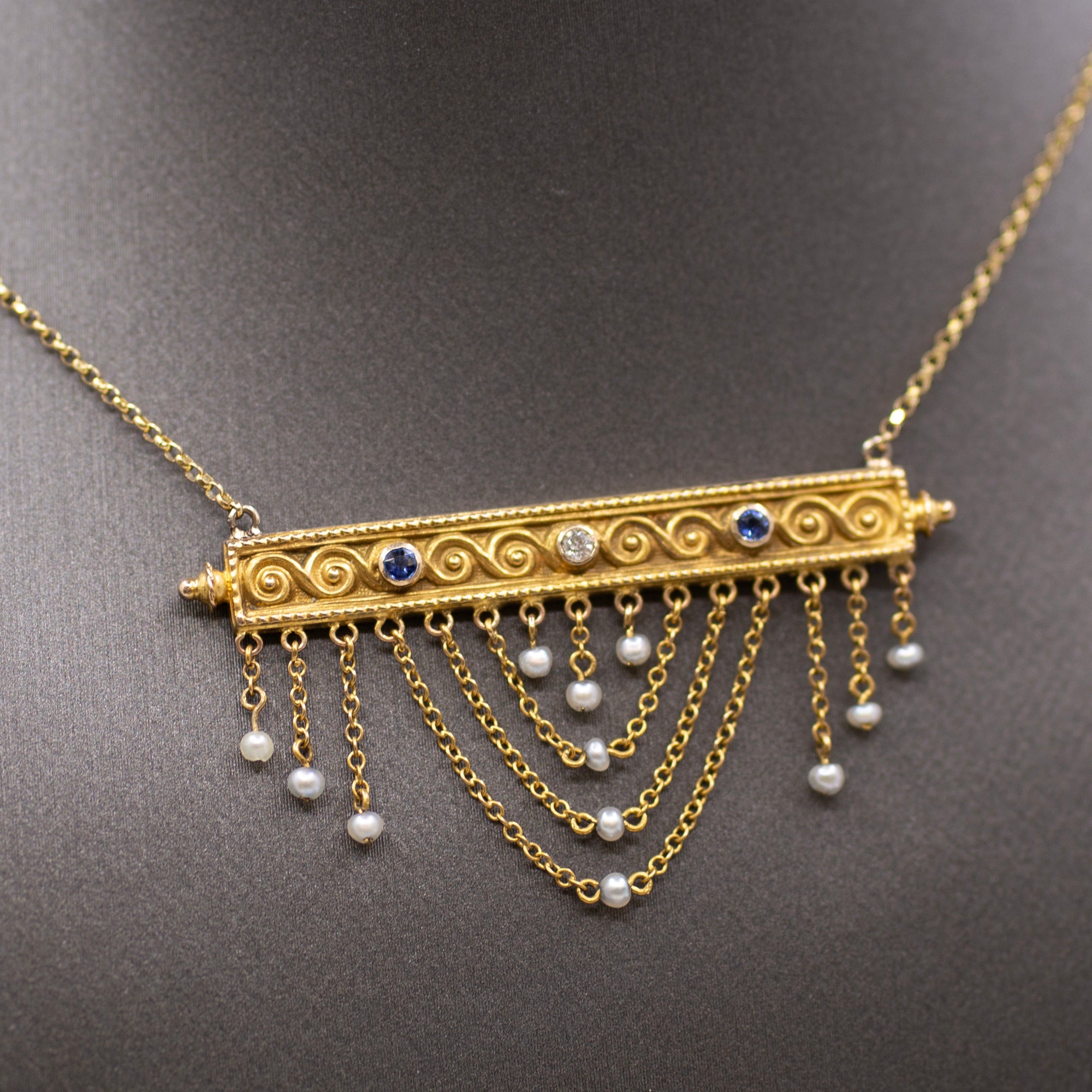  Victorian Sapphire Diamond Pearl Swag Pendant Necklace 10k Gold on 14k Yellow Gold Chain