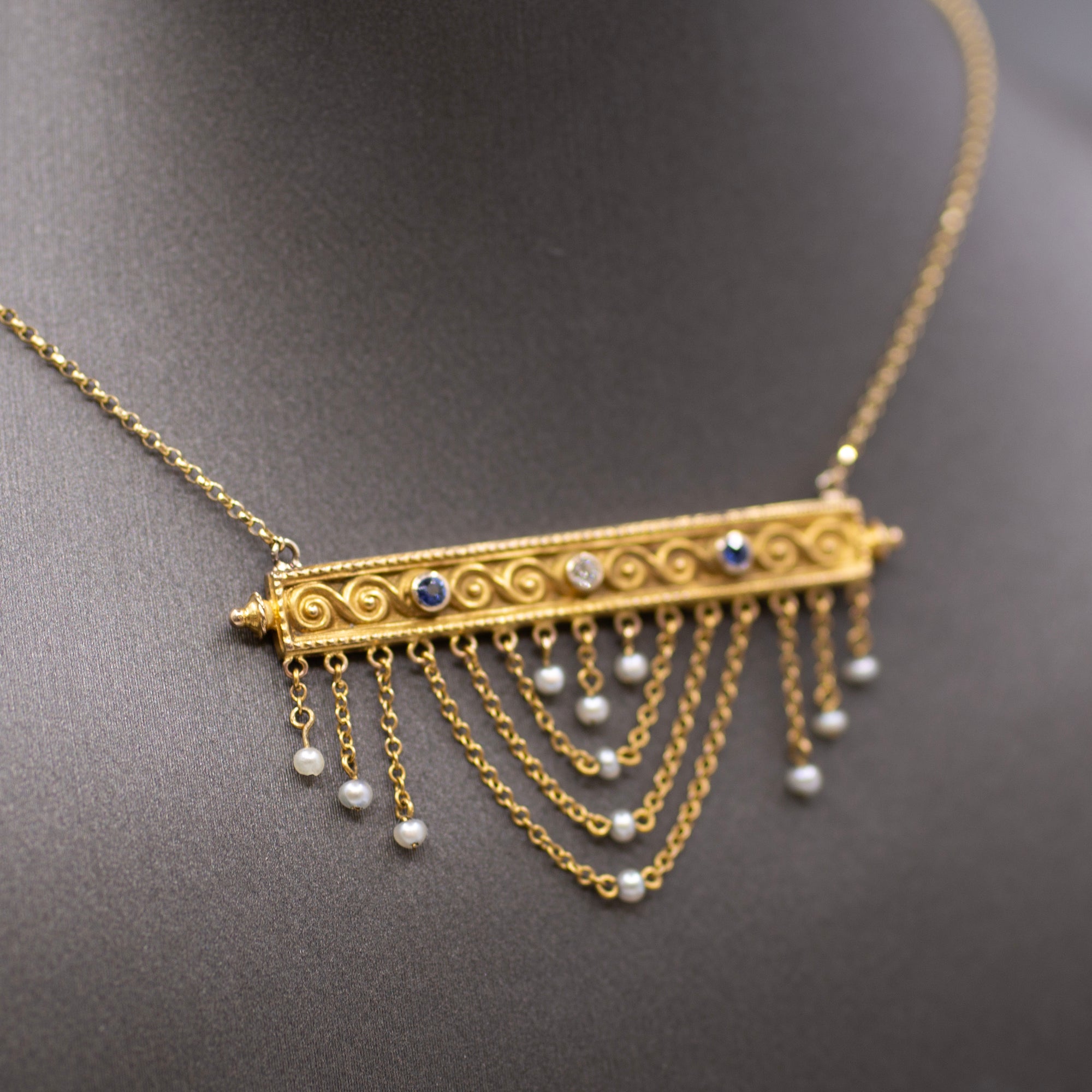  Victorian Sapphire Diamond Pearl Swag Pendant Necklace 10k Gold on 14k Yellow Gold Chain